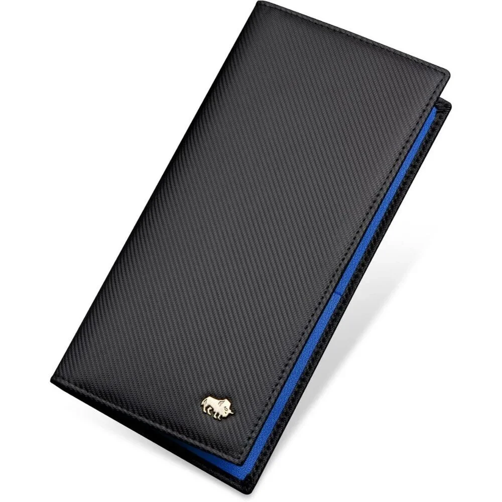 Men's Bifold Long Wallet Card Blue Real Leather Zipper Coin Pocket Design